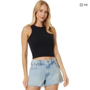 Abercrombie & Fitch High Neck Rib Knit Racerback Tank Crop Top In Black